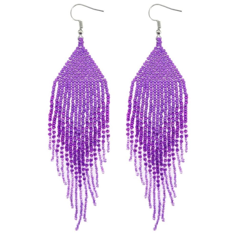 Purple Bohemian Seed Bead Tassel Dangling Statement French Wire Hook Earrings